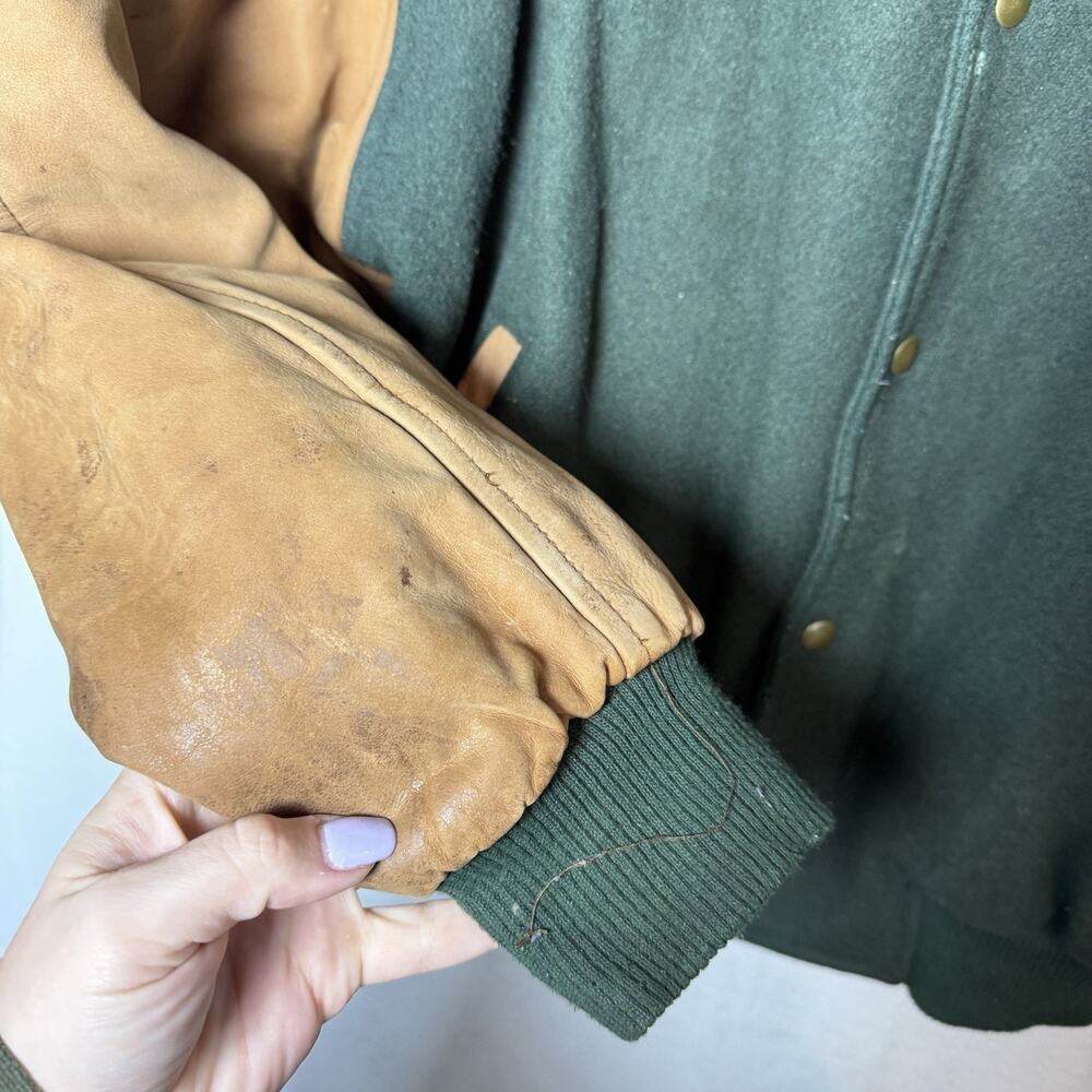 Vintage Cabela's Green Wool and Brown Leather Bomber Jacket Quilted Lining XL - Picture 16 of 16